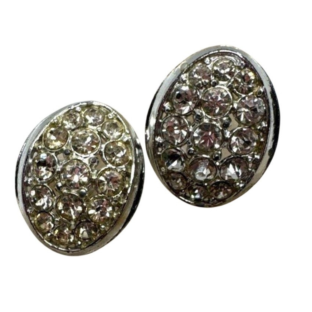 Vintage Clear Round Rhinestone Silver Tone Oval Shape Screw Back Earrings Retro